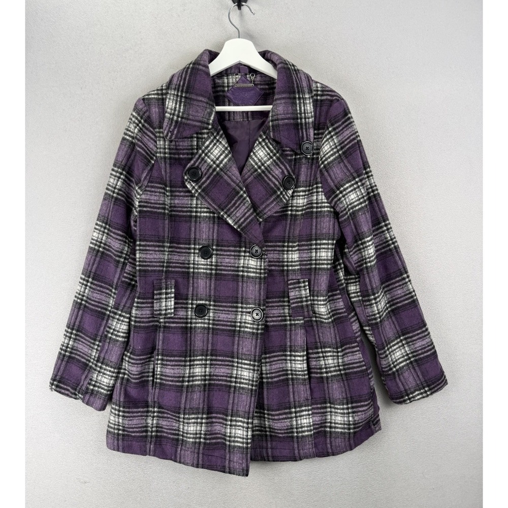 Jou Jou Purple Plaid Peacoat Womens‎ XL Double Breasted Wool Blend Jacket